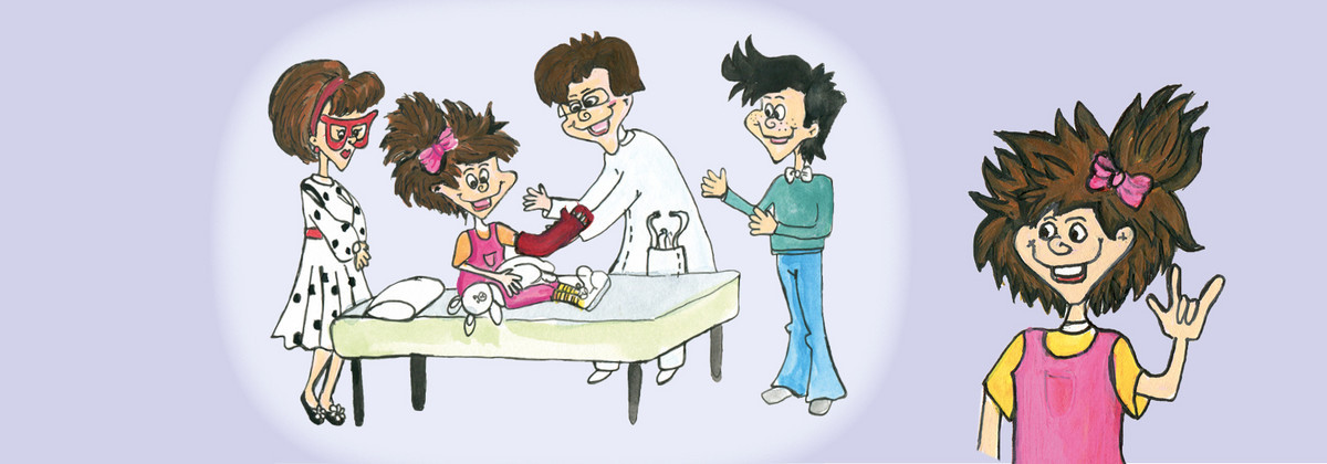 Im Vordergrund eine Zeichnung von Nina und im Hintergrund eine Zeichnung einer Behandlungssituation aus dem Buch