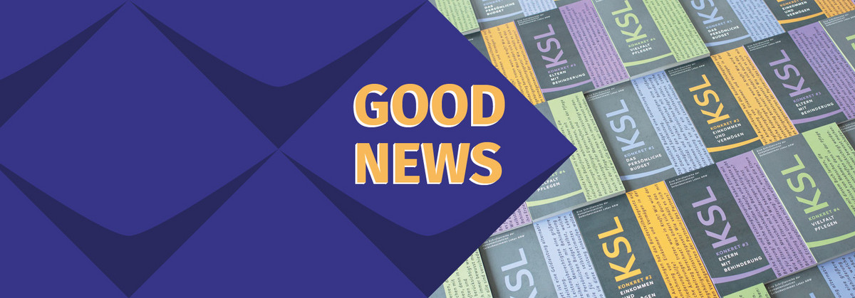 Zu sehen sind dunkelblaue Kacheln und ein Foto der Titel aller KSL-Konkret-Titel: Darauf steht in gelber Schrift „Good News"