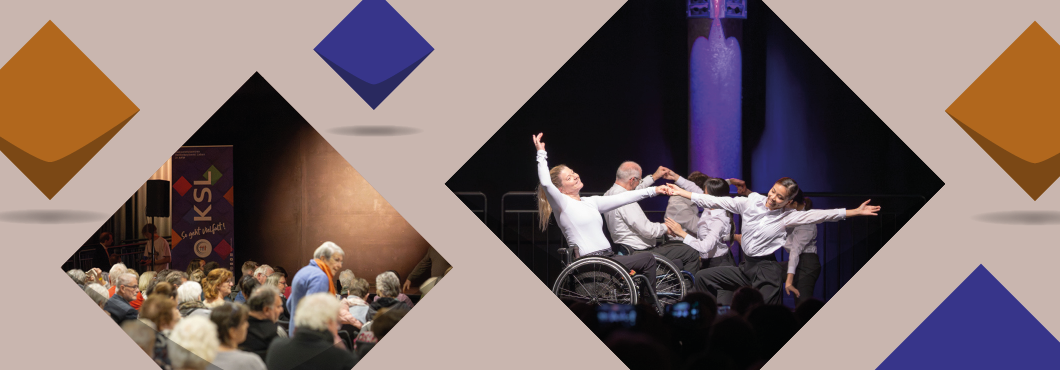 Eine cognac-farbene und blaue Kacheln und zwei Fotos: vom Publikum des Kulturtandems und von einer inklusiv besetzten Bühne (Rollstuhlballet)