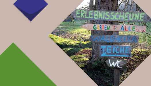 Bunte Kacheln der KSL.NRW und ein Foto von mehreren Holzschildern, die an einem Baum befestigt sind und in eine Richtung weisen. Auf einem hellen Holzschild ist in bunten Farben „Garten für Alle“ zu lesen, daneben sind Fledermausohren gezeichnet. Hinter den Schildern sieht man eine Wiesenlandschaft im Sonnenschein.