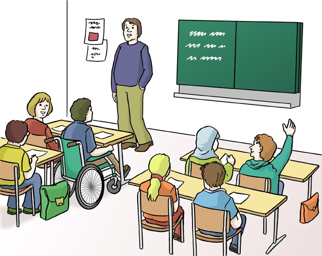Kinder mit und ohne Behinderung sitzen zusammen in einer Schulklasse.
