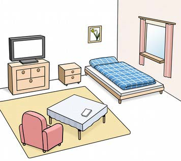 Ein Zimmer mit Tisch, Bett und Fernseher.