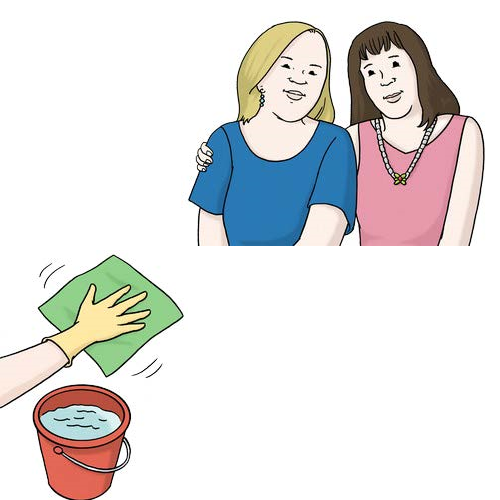 Eine Hand mit Putz-Lappen und Wasser-Eimer. Eine Frau unterstützt eine andere Frau.
