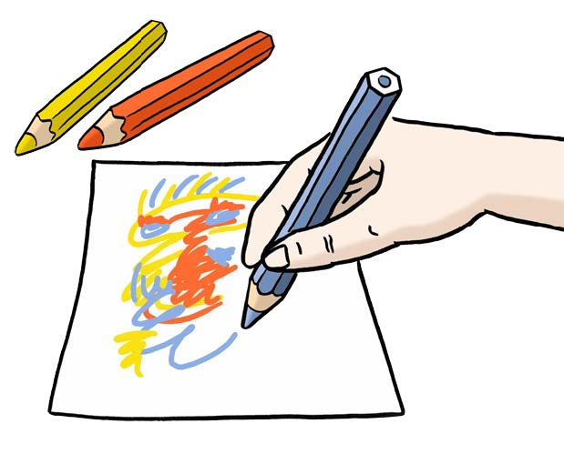 Eine Hand malt mit Stiften ein Bild.