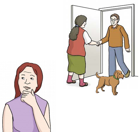 Eine Frau denkt nach. Eine Frau mit Hund bergrüßt einen Besucher an der Tür.