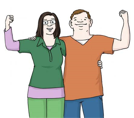 Ein Mann mit Behinderung und eine Frau mit Behinderung zeigen ihre Arm-Muskeln. Sie sind stark und selbst-bewusst.
