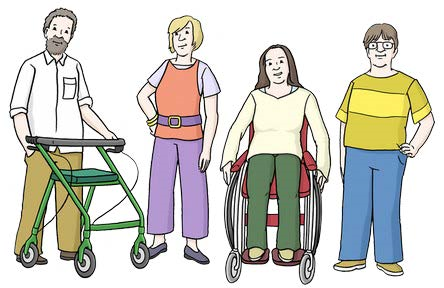 4 selbst-bewusste Menschen mit verschiedenen Behinderungen stehen als Gruppe zusammen.