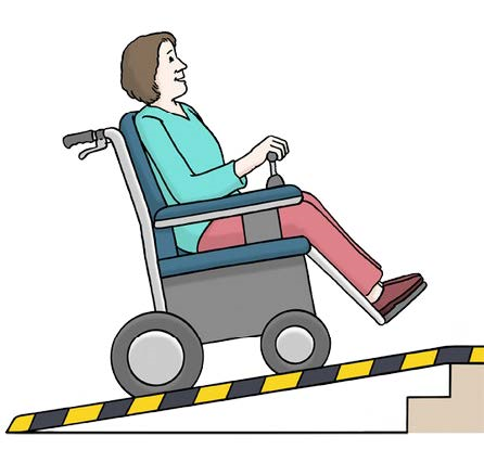 Ein Mensch im Rollstuhl fährt über eine Rampe.