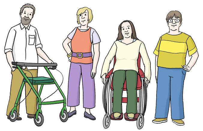 Menschen mit verschiedenen Behinderungen stehen in einer Gruppe zusammen.