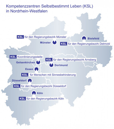 Karte von Nordrhein-Westfalen. Hervorgehoben sind die Standorte der KSLs.