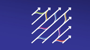 Das Logo des Kongress "Kooperation statt Konkurrenz". Blauer Hintergrund mit Pfeilen auf der rechten Seite die nach schräg oben zeigen und untereinander vernetzt sind.