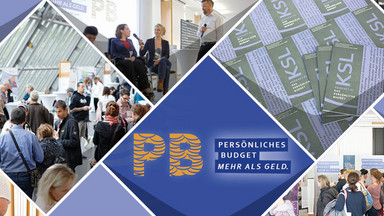 Fotocollage aus Bildern von: Veranstaltung Fachtag PB, Wanderausstellung PB, Sprecher einer Diskussion, Titelseiten der KSL-Konkret #1, Leichte Sprache Version der Broschüre