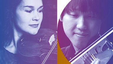 links: Valentina Resnyanska - eine junge, dunkelhaarige Dame mit Geige; rechts: Shih-Hsiang (Andy) Chen - eine junger, dunkelhaariger Herr mit Geige