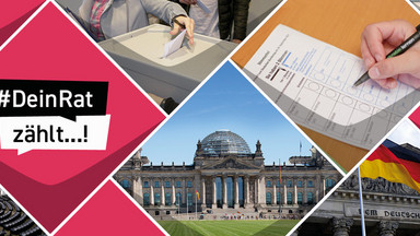 Fotocollage aus Bildern von: Publikum, Gebäude des deutschen Bundestags, Fahne der EU, Wahlzettel, Wahlurne, Plenarsaal der EU