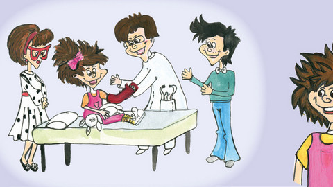 Im Vordergrund eine Zeichnung von Nina und im Hintergrund eine Zeichnung einer Behandlungssituation aus dem Buch