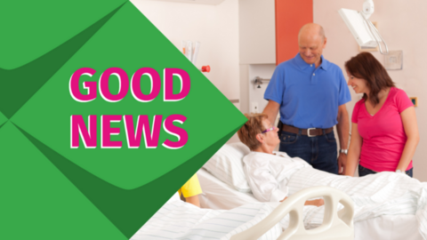 Zu sehen sind güne  Kacheln und ein Foto einer Krankenhaussituation. Auf den Kacheln steht: Good News: Gute Nachrichten