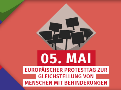 Webbanner: Europäischer Protesttag zur Gleichstellung von Menschen mit Behinderungen/orange-farbiger Hintergrund als Kachel, darauf steht das Datum: 5. Mai/links stehen die bunten Kacheln der KSl.NRW