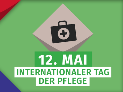 2 Hinweise: Aktionswoche Praxishandbuch Vielfalt Pflegen steht auf bunten Kacheln der KSL.NRW/12. Mai ist Internationaler Tag der Pflege