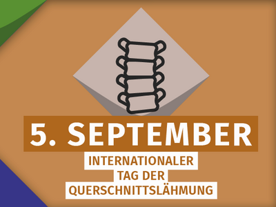 Auf einer cognac-farbigen Kachel steht: 5. September/Internationaler Tag der Querschnittslähmung. Diese Farbe des KSL.Düsseldorf ist in bunte Kacheln der KSL.NRW eingebettet.