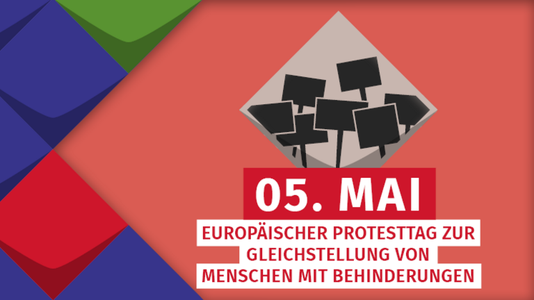 Webbanner: Europäischer Protesttag zur Gleichstellung von Menschen mit Behinderungen/orange-farbiger Hintergrund als Kachel, darauf steht das Datum: 5. Mai/links stehen die bunten Kacheln der KSl.NRW