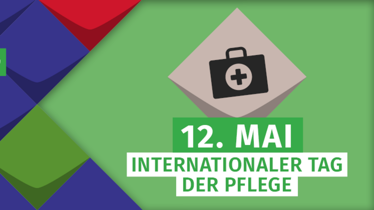 2 Hinweise: Aktionswoche Praxishandbuch Vielfalt Pflegen steht auf bunten Kacheln der KSL.NRW/12. Mai ist Internationaler Tag der Pflege