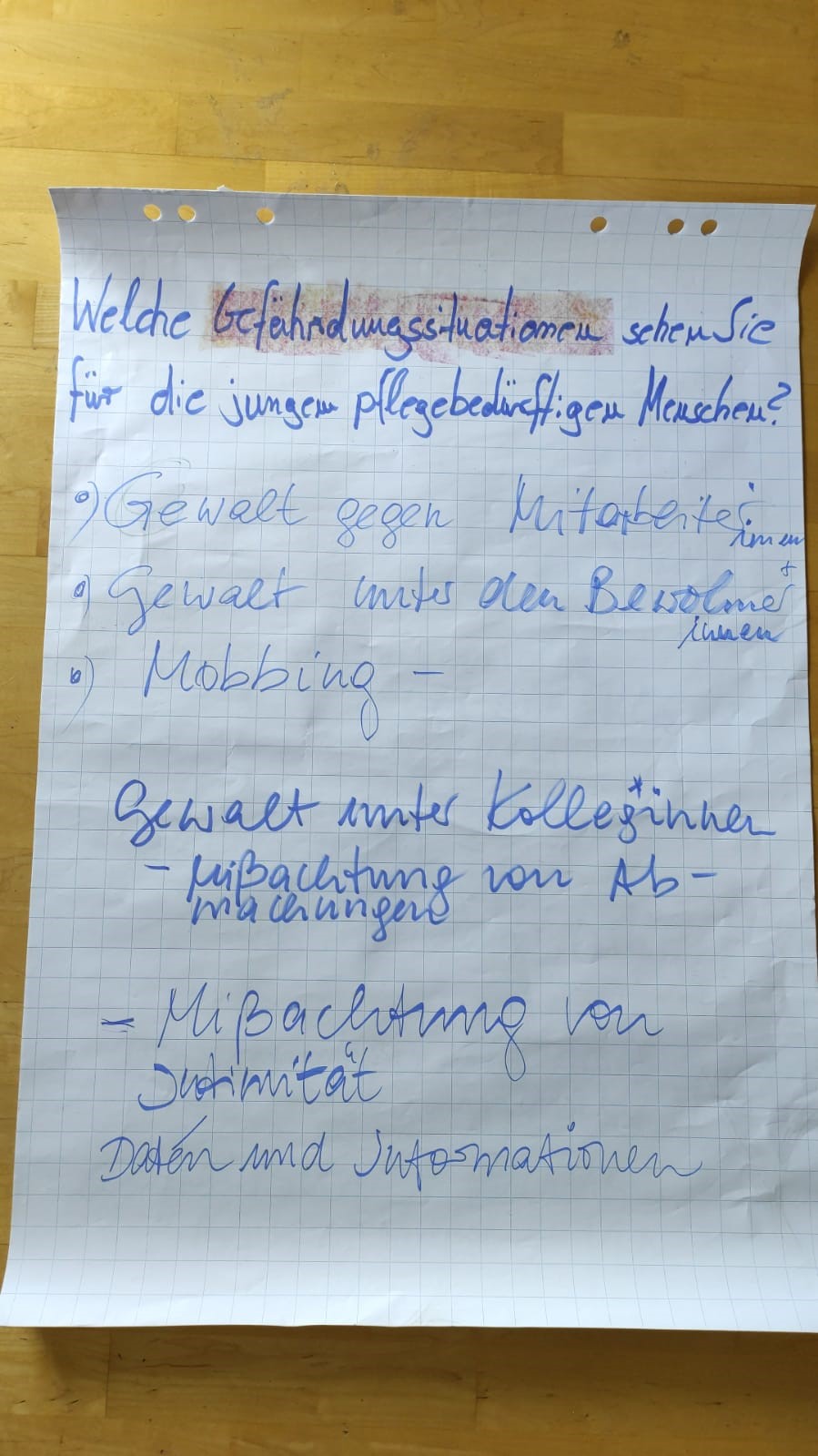 Sichtbarmachen: Ein Flipchart aus dem Workshop mit Ellen Romberg-Hoffmann/Titel: Welche Gefährdungssituatonen sehen Sie für junge pflegebedürftige Menschen? Stichworte sind Missachtung von Abmachungen und Intimität