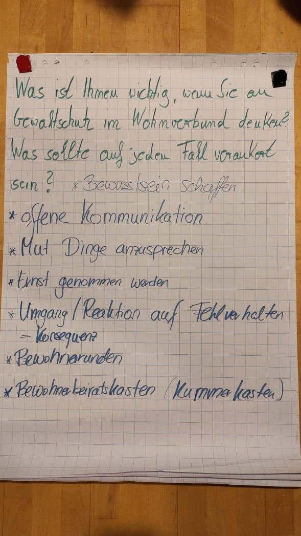 Sichtbarmachen: Ein Flipchart aus dem Workshop mit Ellen Romberg-Hoffmann/Titel: Was ist Ihnen wichtig? Stichworte sind u.a. offene Kommunikation