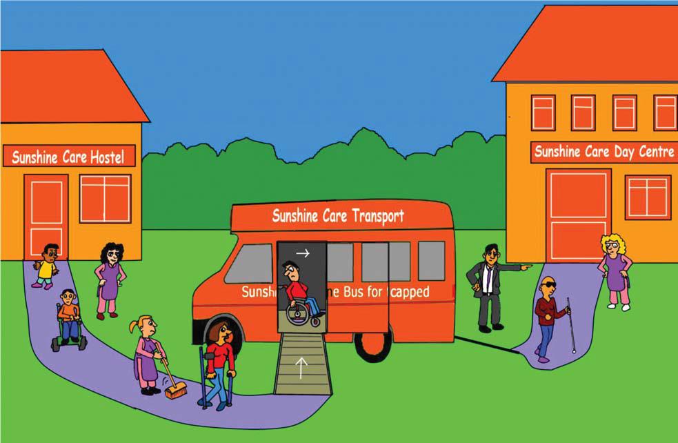 © European Network on Independent Living, Dezember 2014 Cartoons: Dave Lupton, Crippen Cartoons Karrikatur: Menschen mit Behinderung gehen von der Wohneinrichtung durch einen Bus hindurch zu ihrer Tageseinrichtung