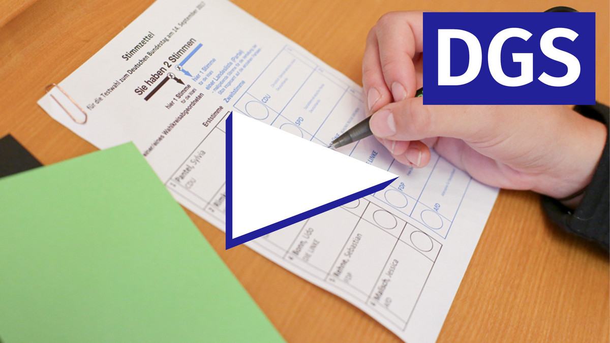 Play-Button vor Bild einer Person, die ihren Stimmzettel bei einer Wahl bearbeitet