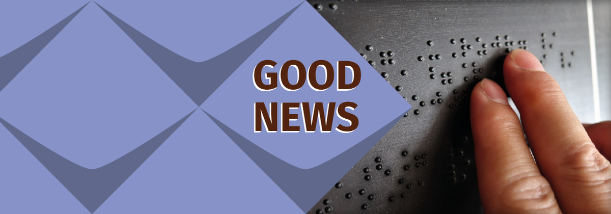 Good News/Gute Nachrichten auf fliederfarbigen KSL-Kacheln: Finger einer sehbehinderten Person ertasten Brailleschrift. Good News/Gute Nachrichten: Finger einer sehbehinderten Person ertasten Brailleschrift. Das ist ein Symbolfoto für eine neue Entwicklung von Forscher*innen, die an neuen taktilen Displays für sehbehinderte Menschen arbeiten.