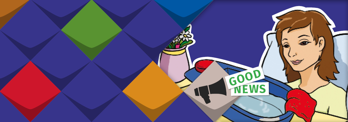 Rechts neben bunten Kacheln der KSL.NRW steht: Good News/Gute Nachrichten: KSL entdeckt: die tip-doc-pflege-App. Im Hintergrund ist ein Comic-Bild dieser App zu sehen, die im Krankenhausbett liegt.