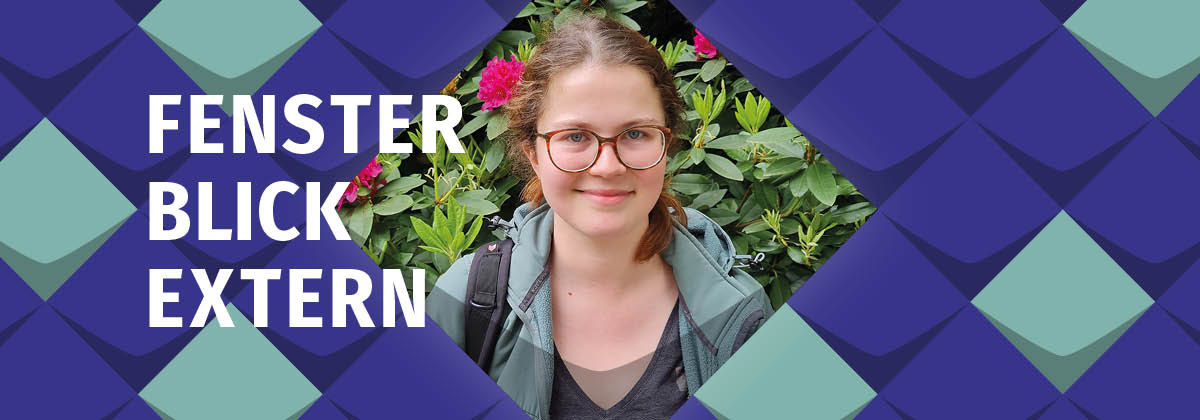 Foto der Medizinstudentin Hannah Hübecker – eine junge Frau mit dunkelblonden langen Haaren, Brille und einer mintfarbigen Sweatshirt-Jacke eingerahmt in Stilelemente der KSL.NRW für den Expert*innen-Blog Fensterblick Extern