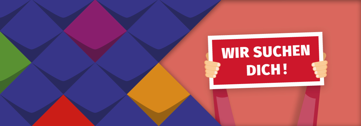 Bunte Kacheln der KSL.NRW und zwei Arme die ein rotes Schild hochhalten mit dem Text "Wir suchen dich"