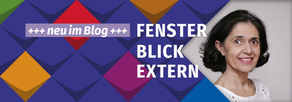 Eingerahmt in bunte Kacheln der KSL.NRW: Dr. Maria del Pilar Andrino Garcia, eine Frau mit dunklen mittellangen Haaren und weißem T-Shirt; links daneben steht Fensterblick Extern und +++neu im Blog +++