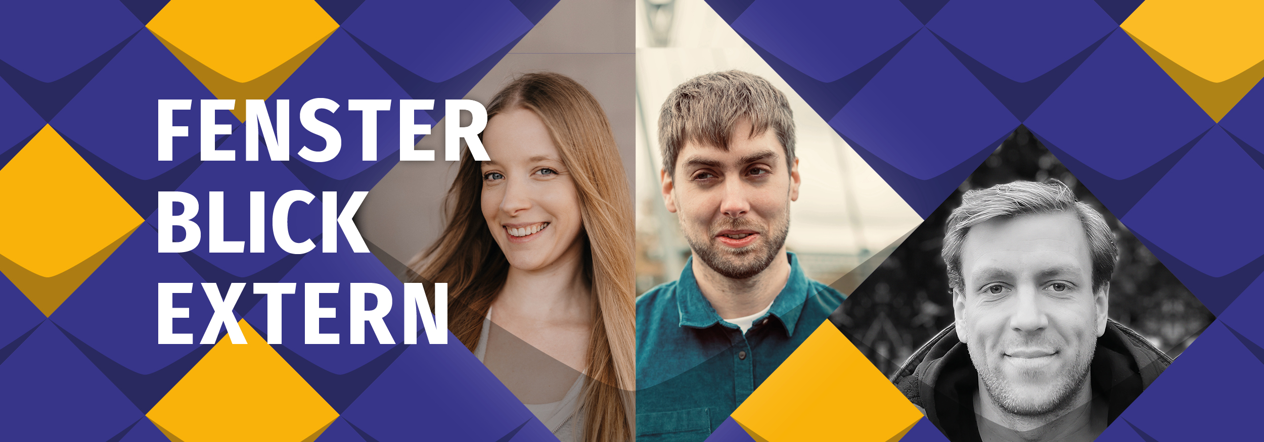 Stilelemente der KSL.NRW mit Fotos von Cindy Kling, eine lächelnde junge Frau mit langen blonden Harren, David Knors, ein junger Mann mit kurzem blondem Haar und Dreitagebart und Milan Skrobanek, ein junger Mann mit kurzem Haar