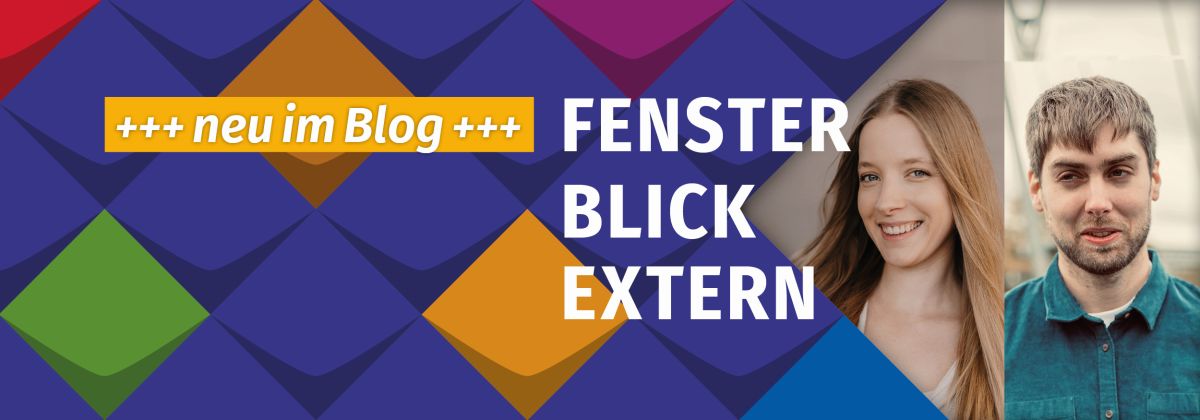 Stilelemente der KSL.NRW mit Fotos von Cindy Kling, eine junge lächelnde Frau mit langem Haar und David Knors, ein junger Mann mit dunkelblondem Haar, Dreitage-Bart und grünem Pullover. 