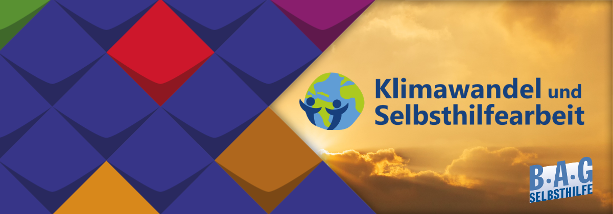 Links: KSL Kacheln. Rechts: Text im Bild: Klimawandel und Selbsthilfearbeit - BAG Selbsthilfe. Im Hintergrund: Ein Foto von Wolken beim Sonnenaufgang