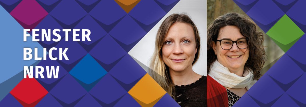 Fotos von Malin Butschkau, eine Frau mit langen blonden Haaren, und Lena Bertelmann, eine Frau mit dunklen, gewellten, langen Haaren und einer Brille. Beide lächeln. Die Bilder sind eingerahmt in Stilelemente der KSL.NRW, dunkelblaue und hellblaue Kacheln