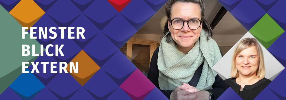 Bunte Kacheln als Stilelemente der KSL.NRW rahmen ein Foto von Magdalena Grzyb und Anna Cebulla ein. Drumherum sind bunte Stilelemente der KSL.NRW. Links daneben steht Fensterblick Extern