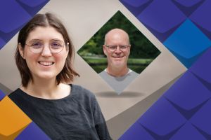 Bunte Kacheln als Stilelemente der KSL.NRW rahmen ein Foto von Mechthild Kreuser und Frank Kaulen ein. Drumherum sind bunte Stilelemente der KSL.NRW. Links daneben steht Fensterblick Extern. 