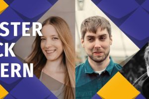Stilelemente der KSL.NRW mit Fotos von Cindy Kling, eine junge lächelnde Frau mit langem Haar, David Knors und Milan Skrobanek (beides junge Männer mit kurzem Haar)