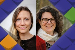 Fotos von Malin Butschkau, eine Frau mit langen blonden Haaren, und Lena Bertelmann, eine Frau mit dunklen, gewellten, langen Haaren und einer Brille. Beide lächeln. Die Bilder sind eingerahmt in Stilelemente der KSL.NRW, dunkelblaue und hellblaue Kacheln