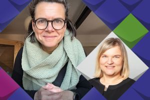 Bunte Kacheln als Stilelemente der KSL.NRW rahmen ein Foto von Magdalena Grzyb und Anna Cebulla ein. Drumherum sind bunte Stilelemente der KSL.NRW. Links daneben steht Fensterblick Extern