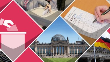 Fotocollage aus Bildern von: Publikum, Gebäude des deutschen Bundestags, Fahne der EU, Wahlzettel, Wahlurne, Plenarsaal der EU und eine Grafik von einem Arm der einen Stimmzettel einwirft 