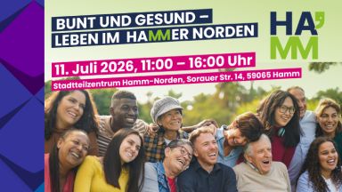 Plakat der Veranstaltung. Eine Gruppe lachender Menschen, verschiedenenen Alters und Aussehens.