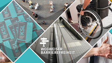 Fotocollage aus Bildern von: Blindenschrift, Laptop, Fußgänger, Rollstuhl beim Einsteigen in die Bahn, Mensch der gebärdet, Blindenleitsystem und Fußgängerampel-Bedarfsknopf