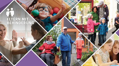 Fotocollage aus Bildern von: Kind schneidet Papier, Füße Kinder mit Gummistiefel, Kind im Bällebad, Familie in der Stadt, Mutter gebärdet mit Tochter, Mutter im Rollstuhl , Laptop, Fußgänger, Rollstuhl beim Einsteigen in die Bahn, Mensch der gebärdet, Blindenleitsystem und Fußgängerampel-Bedarfsknopf