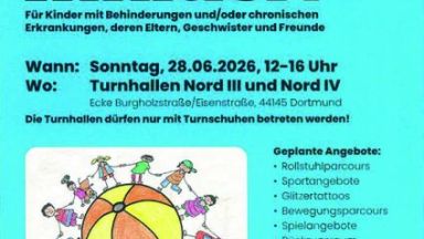 Flyer zum Fest mit einer bunten Grafik, bei der sich viele verschiedene Kinder um einen bunten Ball herum an den Händen halten