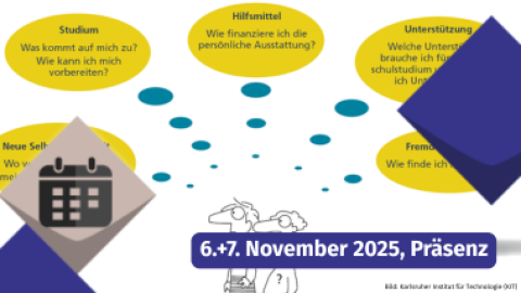 Gedanken und Fragen das Studium betreffend sind in Gedankenblasen von zwei Personen dargestellt