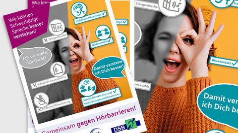 Plakat und Postkarten der Aktion "Gemeinsam gegen Hörbarrieren". 